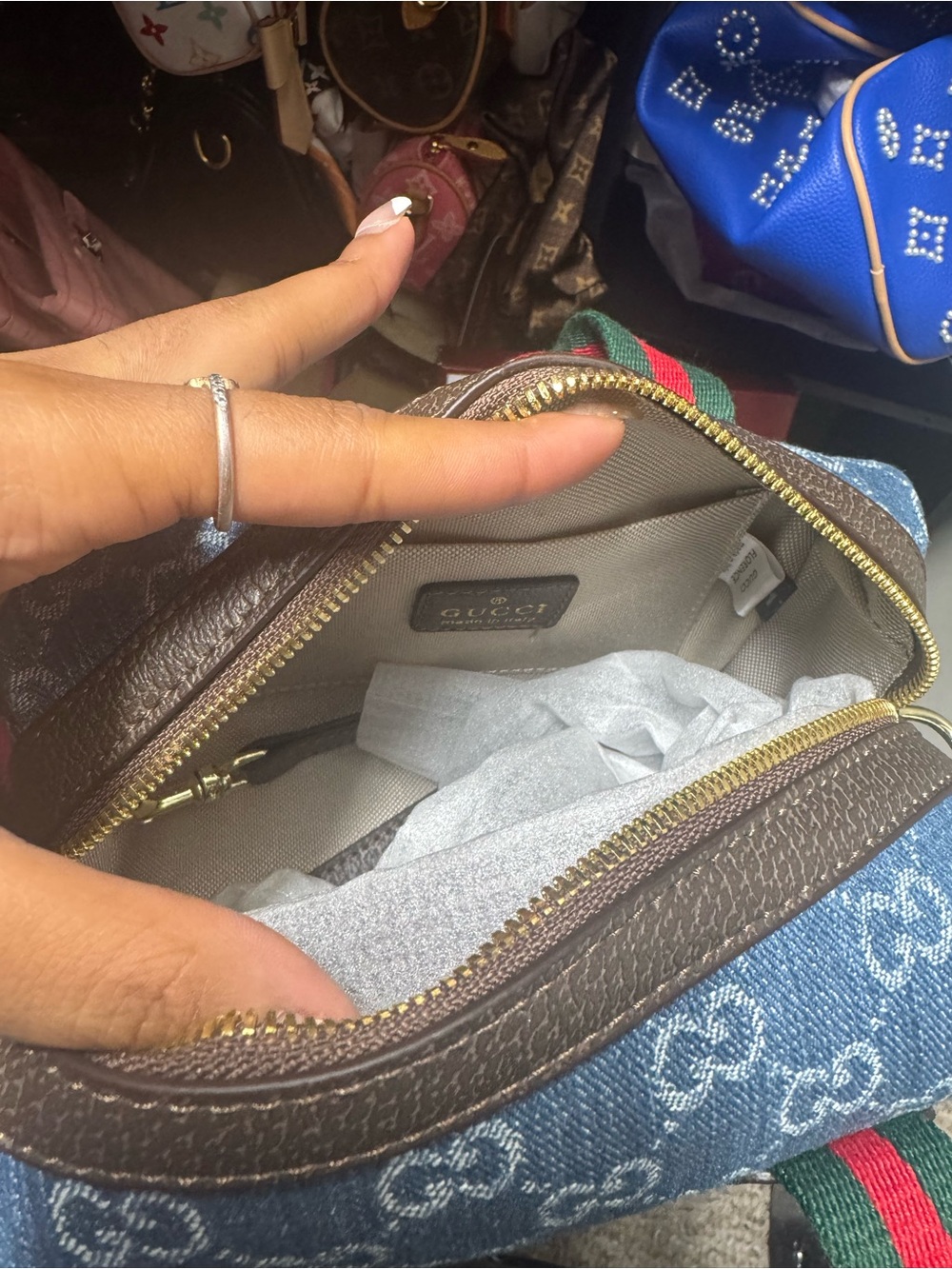 Inspired Blue Denim and Brown Crossbody Bag with Green-Red Strap Accent